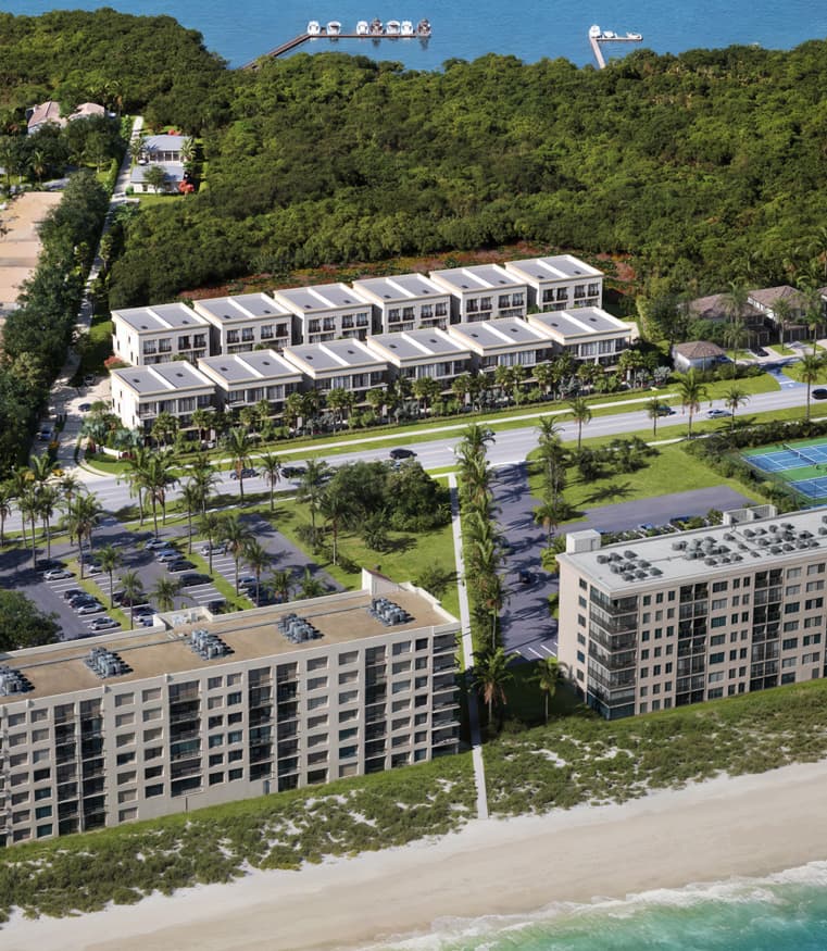Aerial view from marina and lagoon to Atlantic beach, with Ancora Residences at center